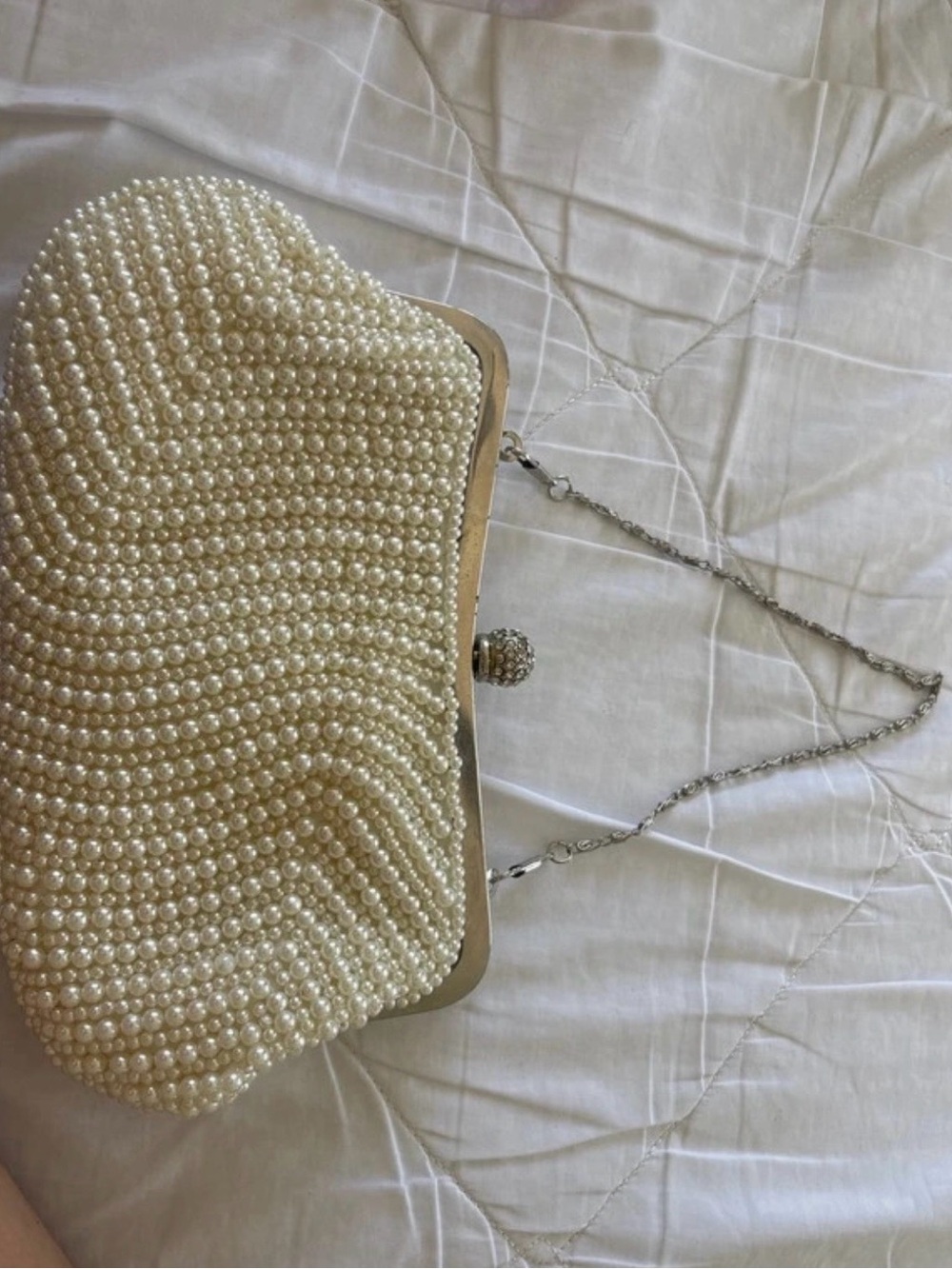 Pearl-Embellished Cream Evening Clutch with Chain Strap